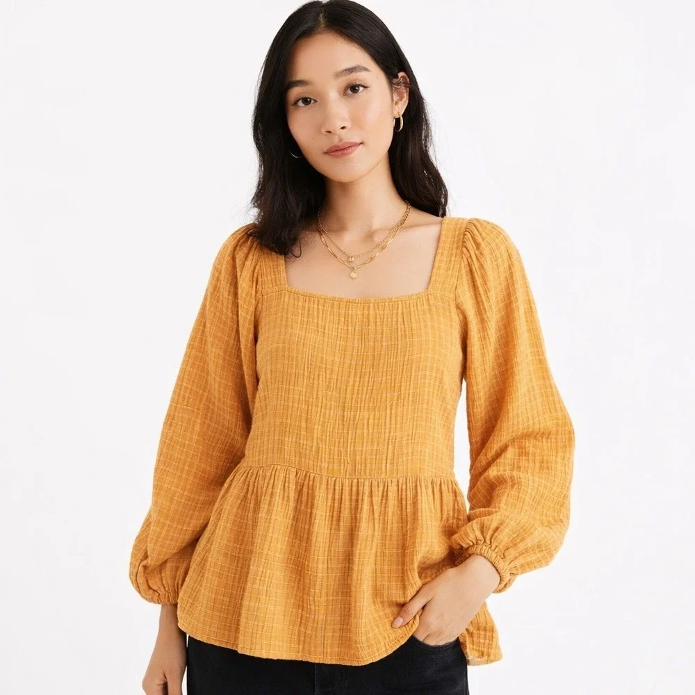 Madewell Millbrook Windowpane Peplum Top 100% Cotton Mustard Cottagecore Size XS